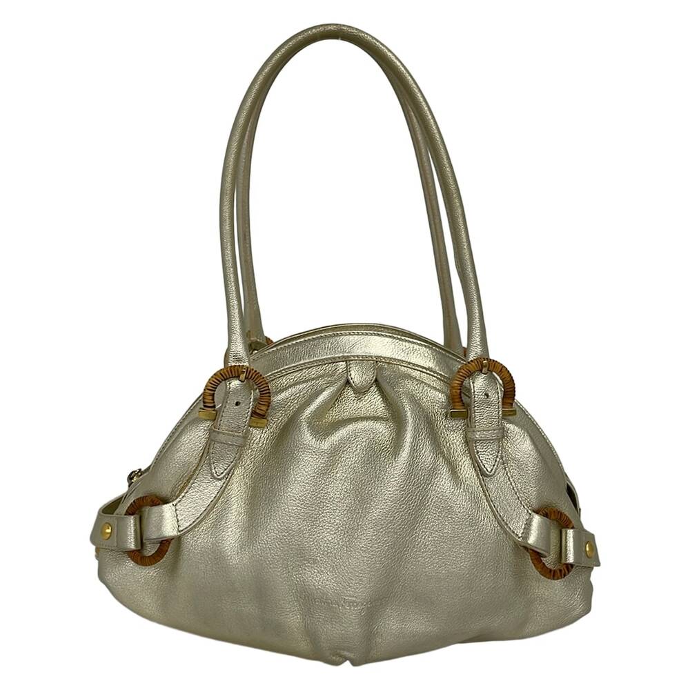 Salvatore Ferragamo Gancini Handbag Gold Brown Leather Rattan